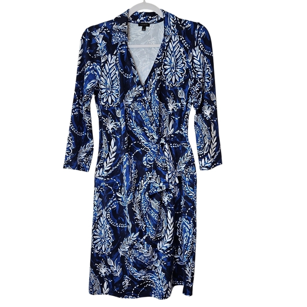 Talbots Effortless Jersey Kelly Dress Mock Wrap V-neck Sz S Blue White Paisley - Picture 3 of 10